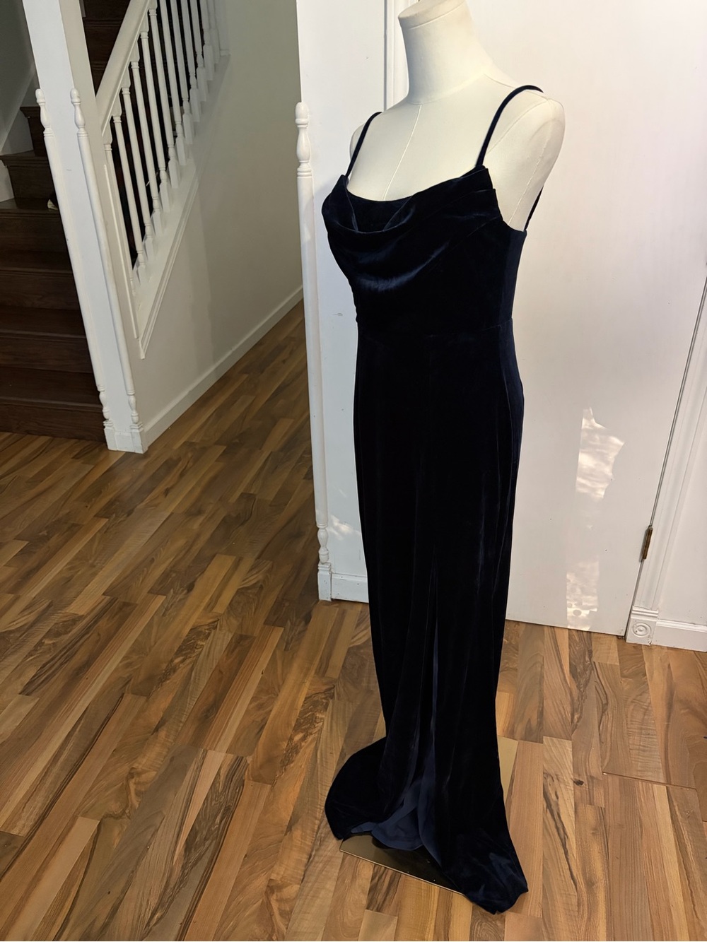 Elegant Navy Velvet Draped Cowl Neck Evening Gown, Small, Like New / EUC